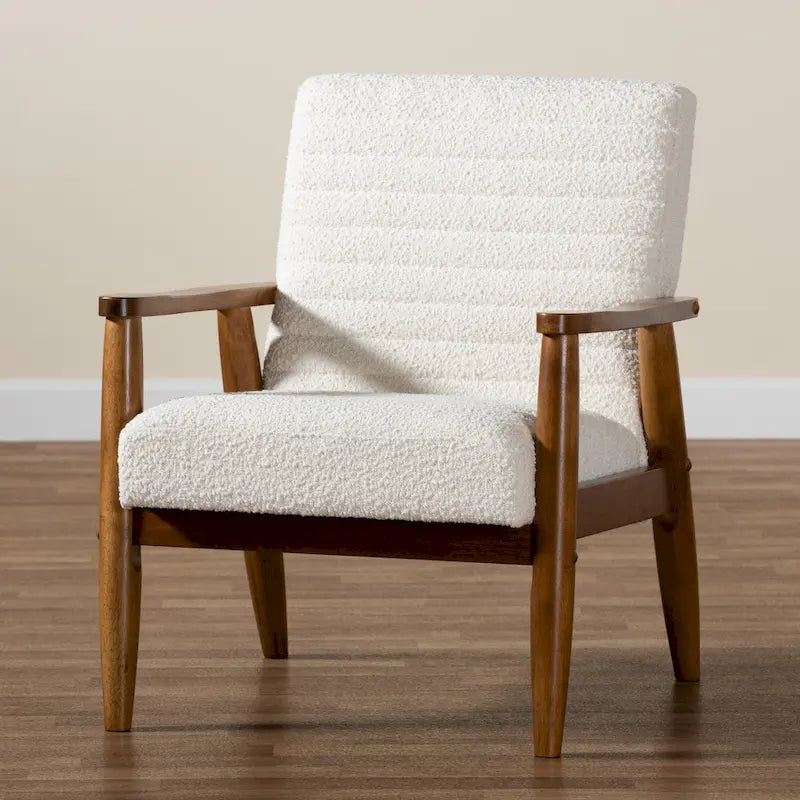 Stratton Mid-Century Modern Cream Boucle Fabric and Walnut Brown Finished Wood Armchair