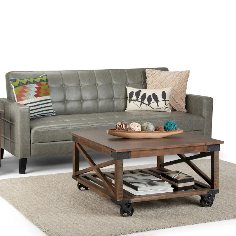 WYNDENHALL Barrie SOLID MANGO WOOD and Metal 32 inch Wide Square Industrial Coffee Table in Distressed Dark Brown - 32 x 32 x 18