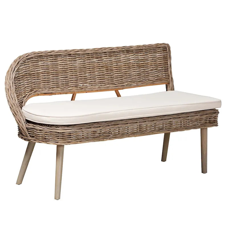 Raisa Modern Bohemian Natural Kubu Rattan and Acacia Wood 2-Piece Dining Nook Banquette Set