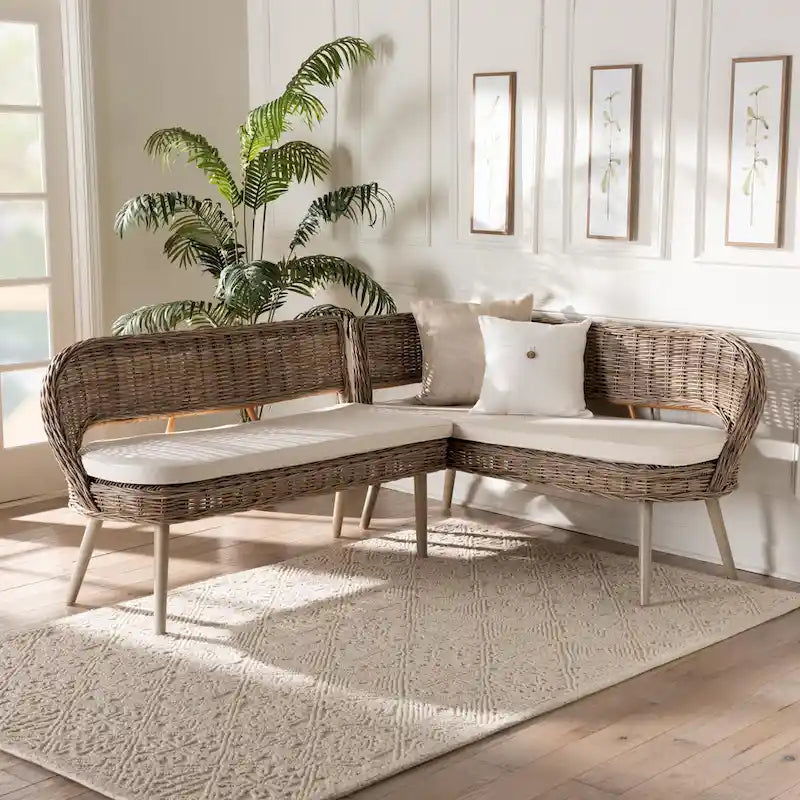 Raisa Modern Bohemian Natural Kubu Rattan and Acacia Wood 2-Piece Dining Nook Banquette Set