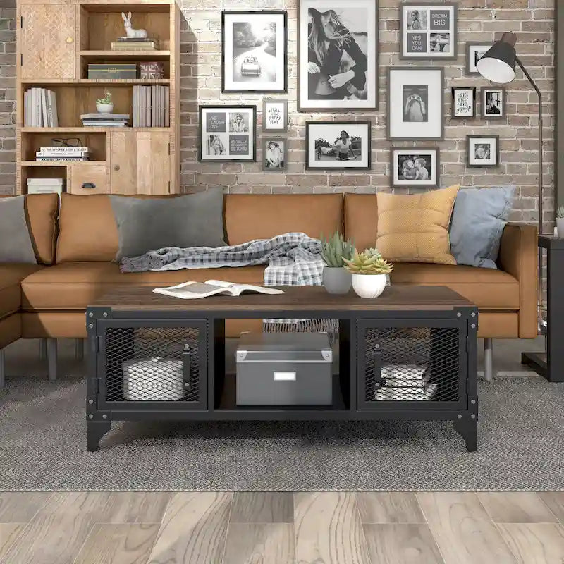 Conner Rustic Black and Dark Walnut 48-inch Steel Storage Coffee Table by Furniture of America