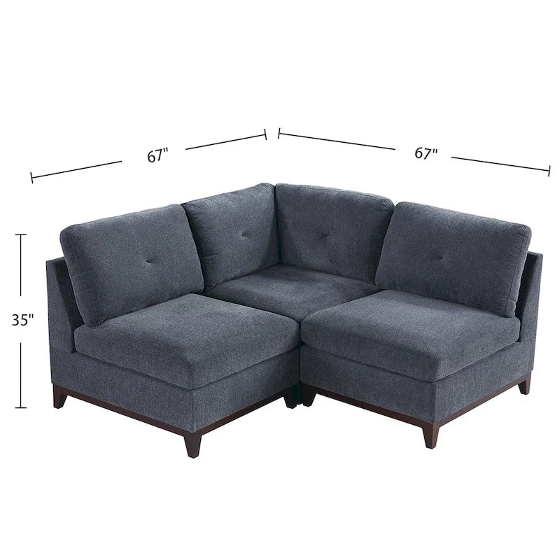 3 Piece Chenille Fabric Modular Corner Sofa and Armless Chair Set