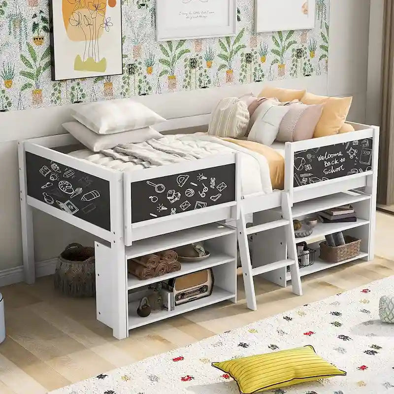 Twin Size Low Loft Bed with 2 Movable Shelves and Ladder & Chalkboard