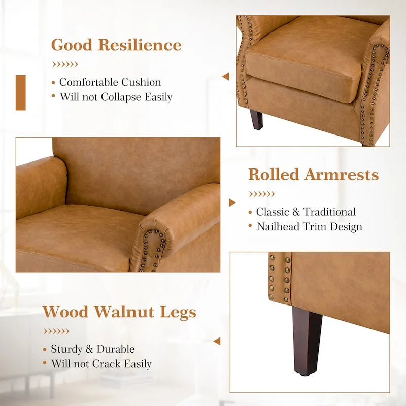 Levi Transitional Leather Armchair with Nailhead Trim Rolled Arms by HULALA HOME