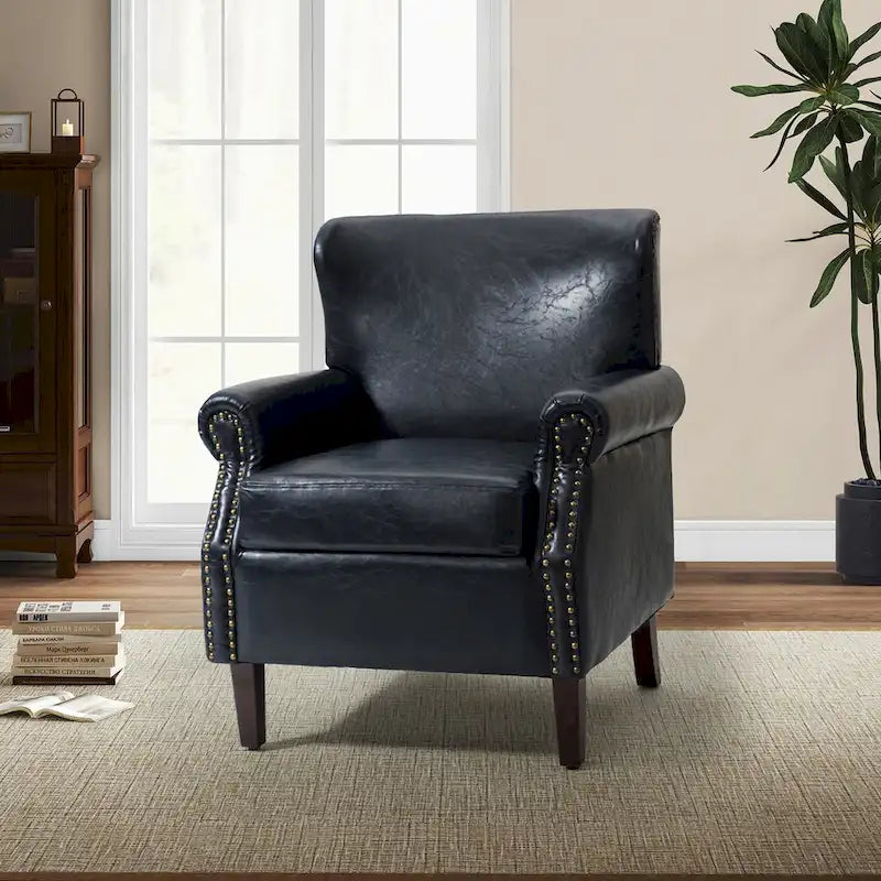 Levi Transitional Leather Armchair with Nailhead Trim Rolled Arms by HULALA HOME