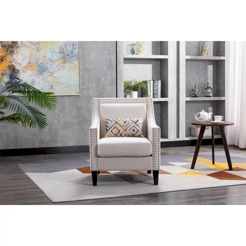 Linen Nailhead Accent Solid Wood Leg Living Room Armchair