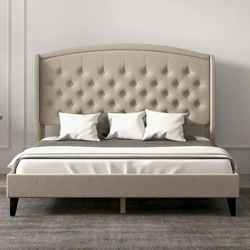 Upholsted Bed Frame with Wingback Headboard, Full Size