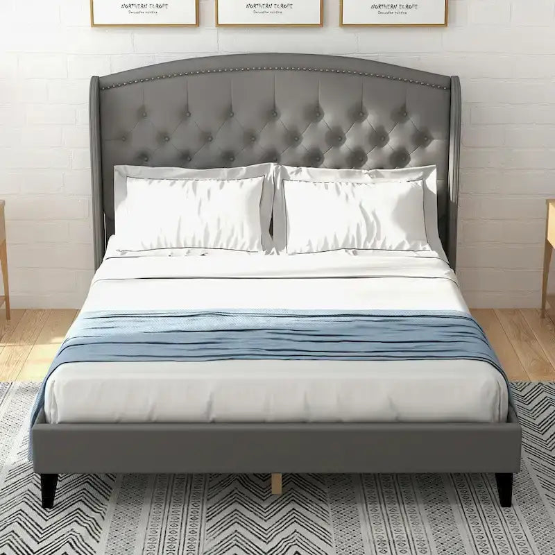 Upholsted Bed Frame with Wingback Headboard, Full Size