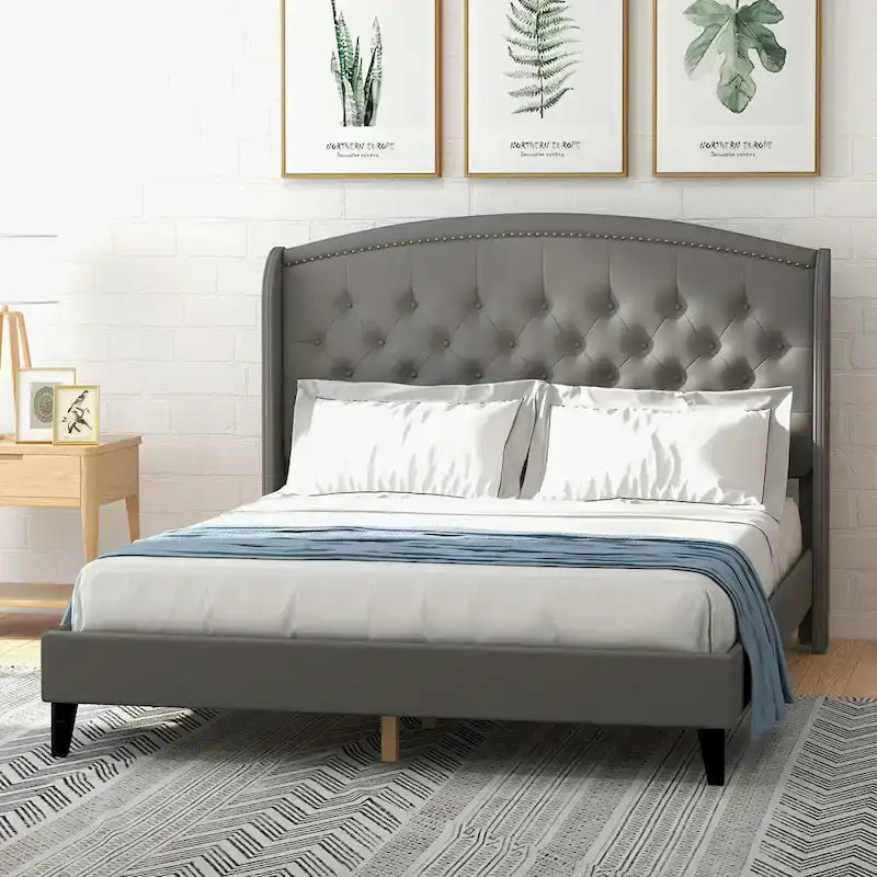 Upholsted Bed Frame with Wingback Headboard, Full Size