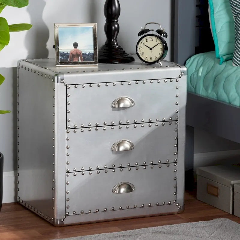 Baxton Studio Armel French Industrial Silver Metal 3-Drawer End Table
