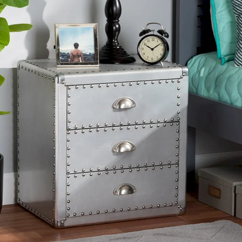 Baxton Studio Armel French Industrial Silver Metal 3-Drawer End Table