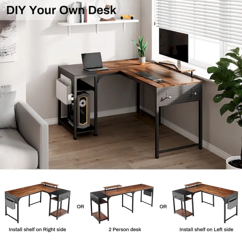 60 L-shaped Computer Desk Home Office Study Writing Desk with Monitor Stand and Storage Shelf