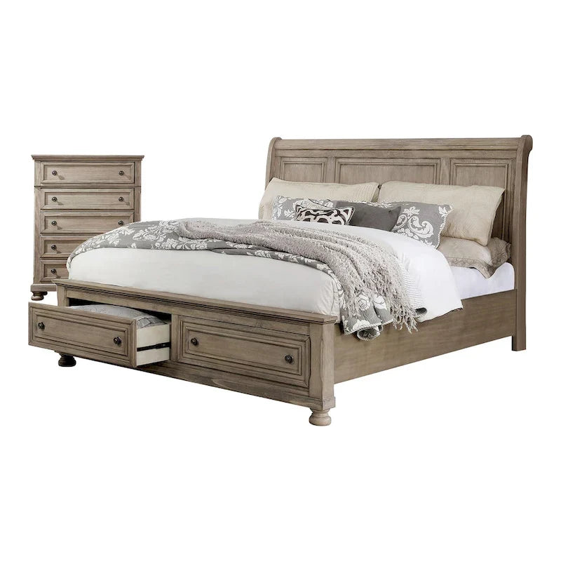Transitional-Style Grey Wood Two-Piece Set: Storage Sleigh Bed & Cabinet Combo