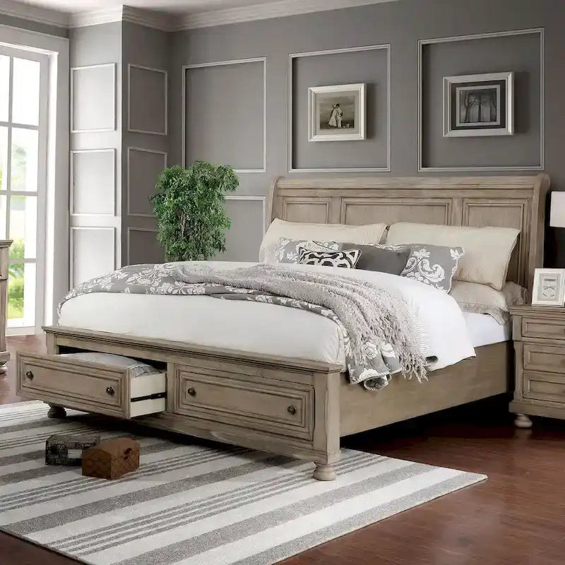 Transitional-Style Grey Wood Two-Piece Set: Storage Sleigh Bed & Cabinet Combo