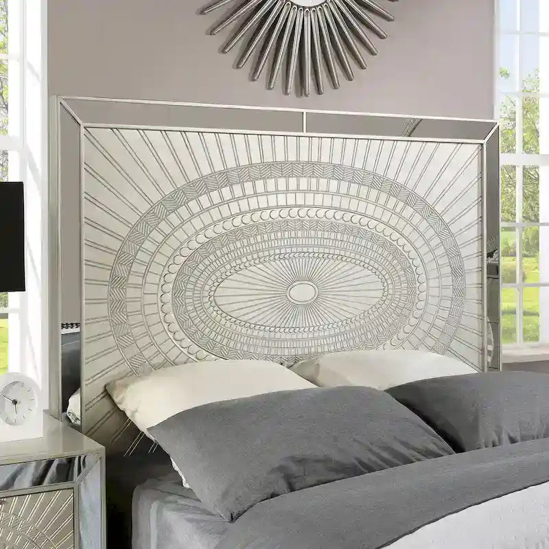 Furniture of America Luela Glam Boho Champagne Wood Carved Panel Bed