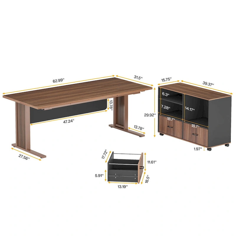 63 Large Executive Desk L Shaped Computer Desk with File Storage Cabinet