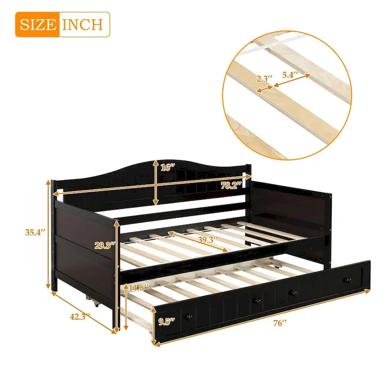 Nestfair Twin Size Wooden Daybed with Trundle Bed