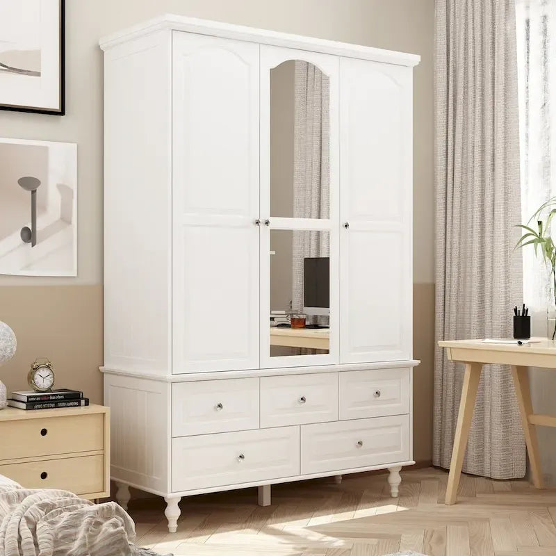 70.9H White Lacquered Armoires Wardrobes With Mirror Doors