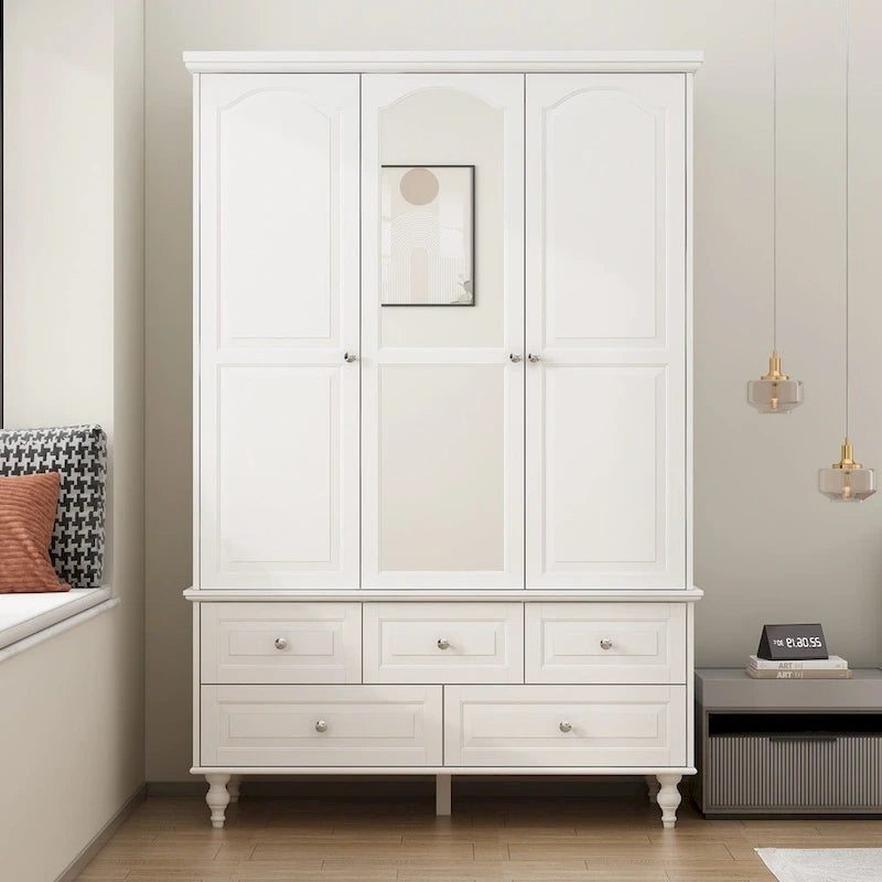 70.9H White Lacquered Armoires Wardrobes With Mirror Doors