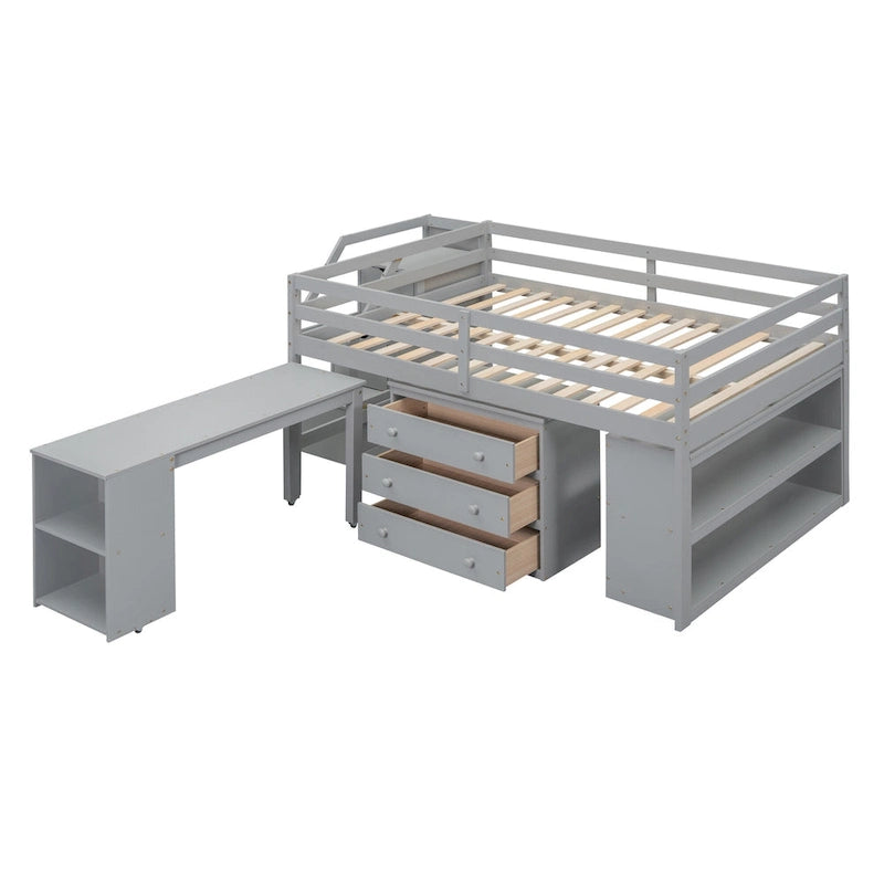 Full Size Loft Bed with Retractable Writing Desk and 3 Drawers, Wooden Loft Bed with Storage Stairs and Shelves, Espresso