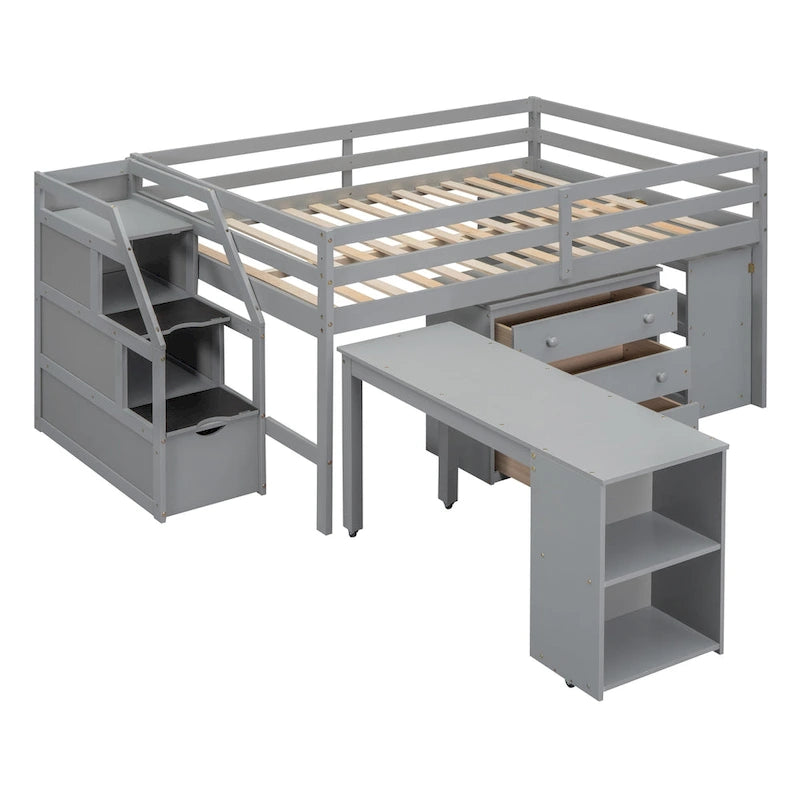 Full Size Loft Bed with Retractable Writing Desk and 3 Drawers, Wooden Loft Bed with Storage Stairs and Shelves, Espresso
