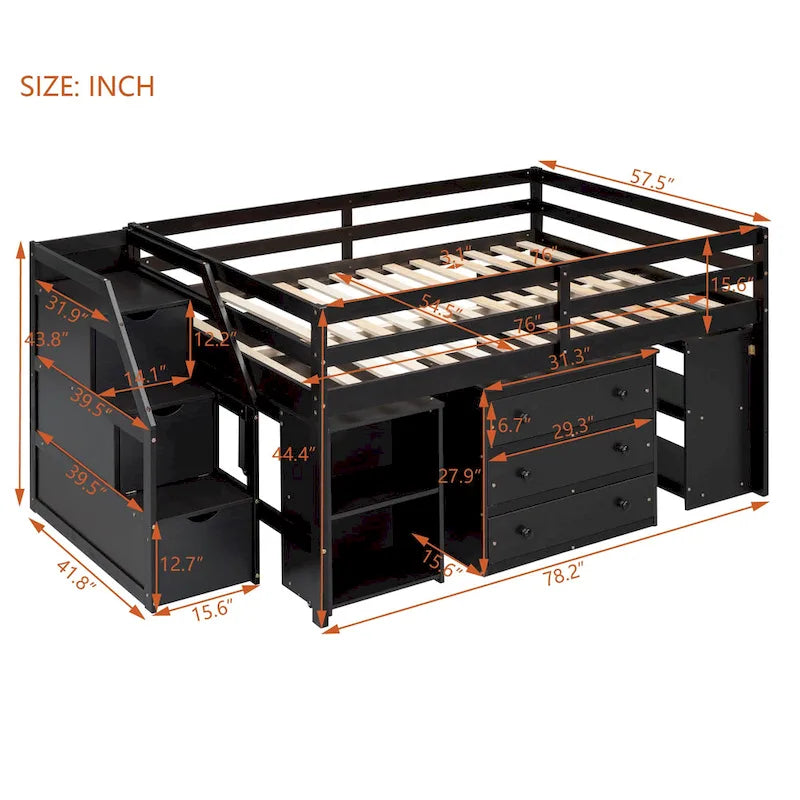 Full Size Loft Bed with Retractable Writing Desk and 3 Drawers, Wooden Loft Bed with Storage Stairs and Shelves, Espresso