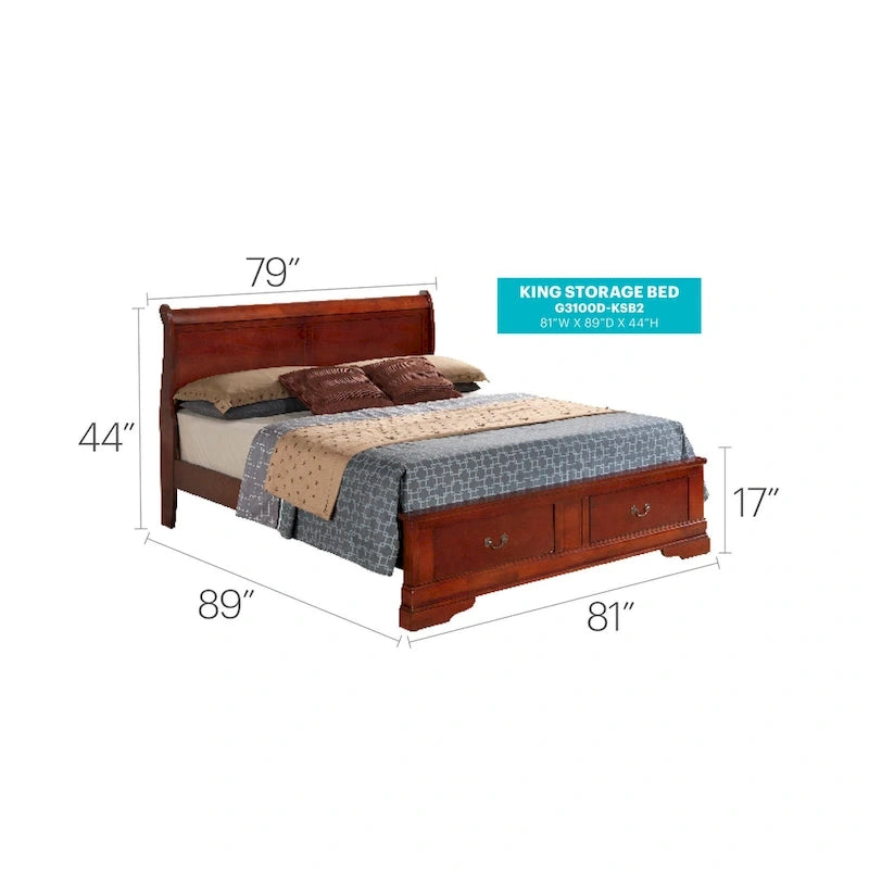 Louis Philippe King Storage Wood Panel Bed