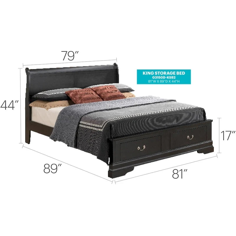 Louis Philippe King Storage Wood Panel Bed