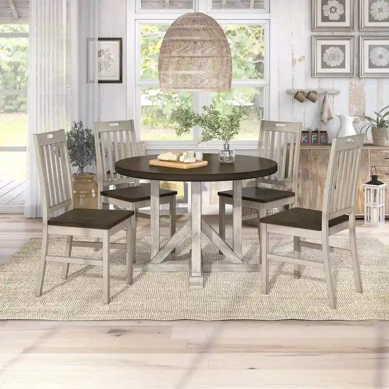 Derry Farmhouse Antique White and Dark Oak Solid Wood 5-Piece Dining Table Set by Furniture of America