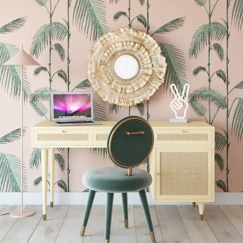 Wooden and Woven Rattan Three-Drawer Desk