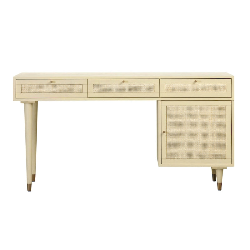 Wooden and Woven Rattan Three-Drawer Desk