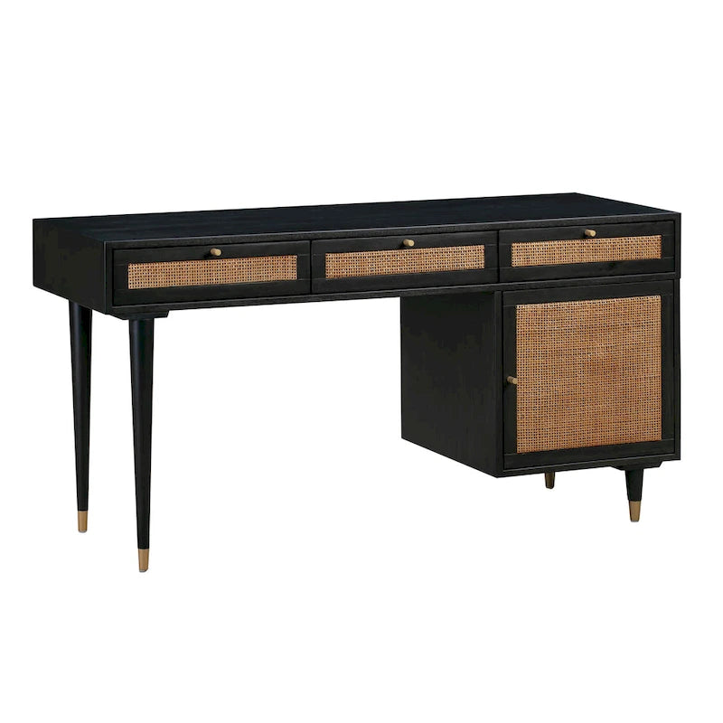 Wooden and Woven Rattan Three-Drawer Desk