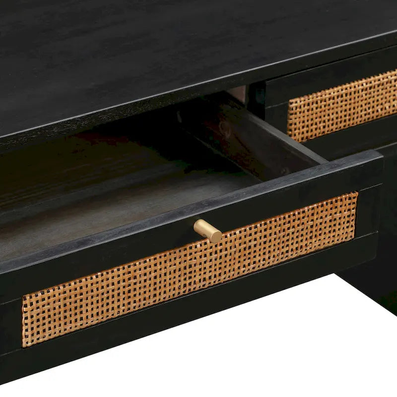 Wooden and Woven Rattan Three-Drawer Desk