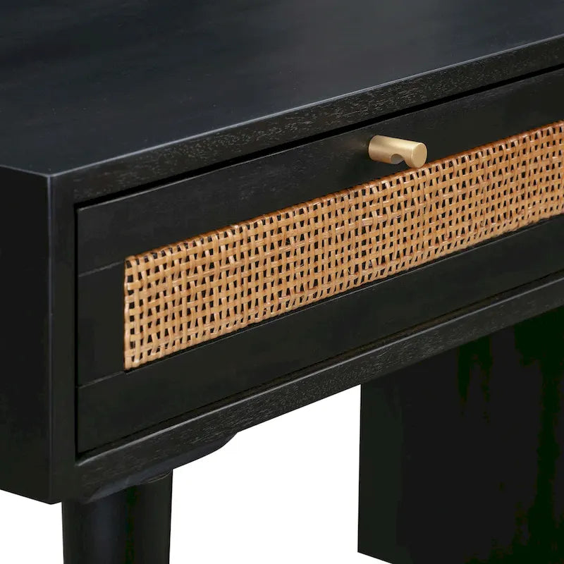 Wooden and Woven Rattan Three-Drawer Desk