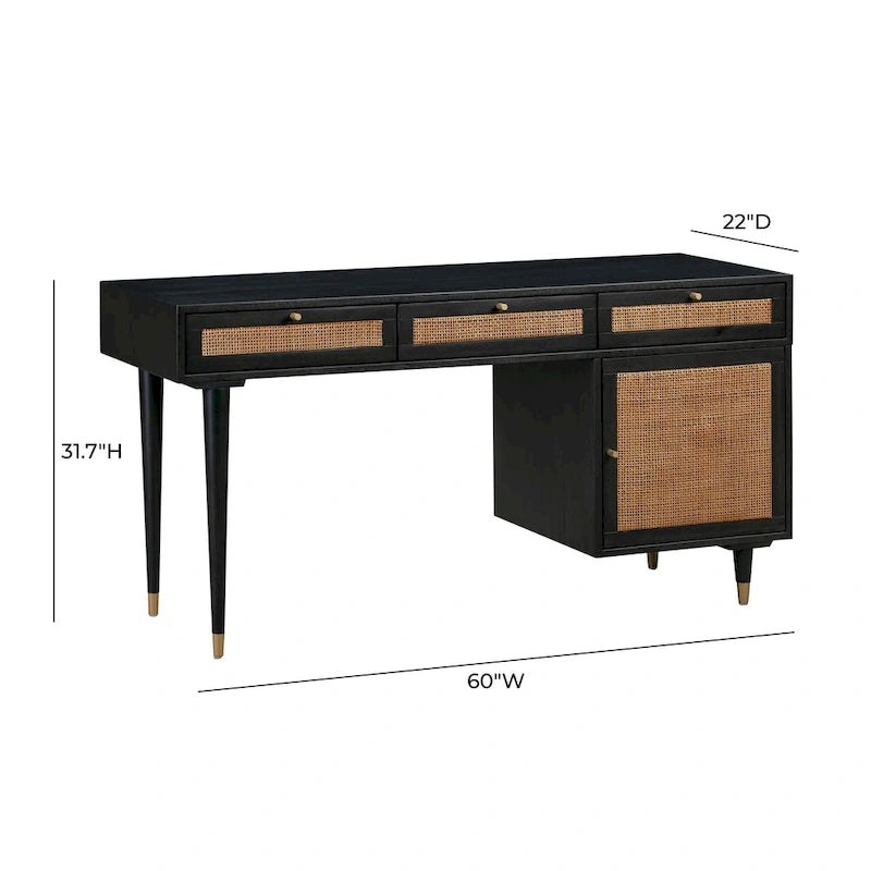 Wooden and Woven Rattan Three-Drawer Desk