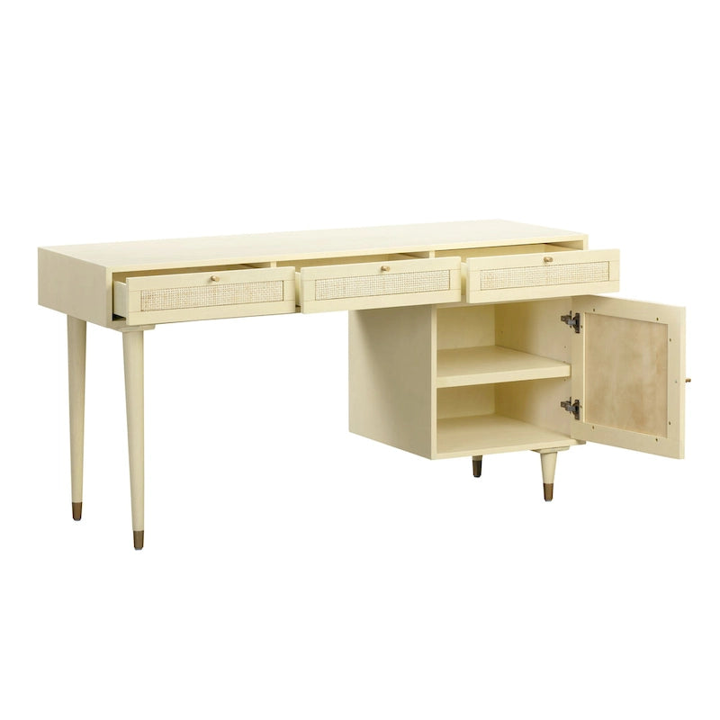 Wooden and Woven Rattan Three-Drawer Desk