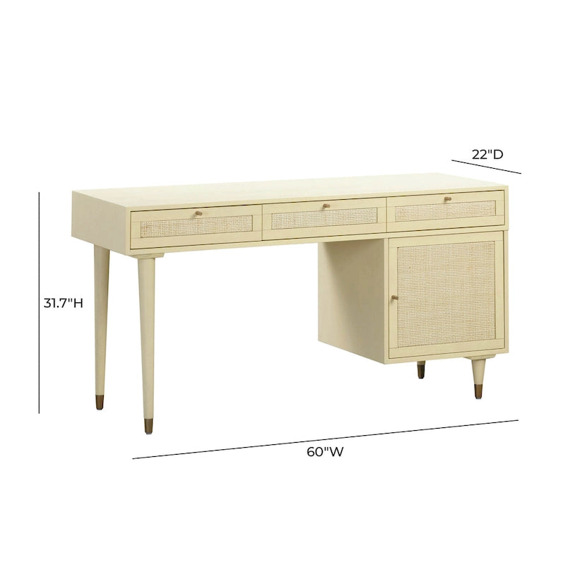 Wooden and Woven Rattan Three-Drawer Desk