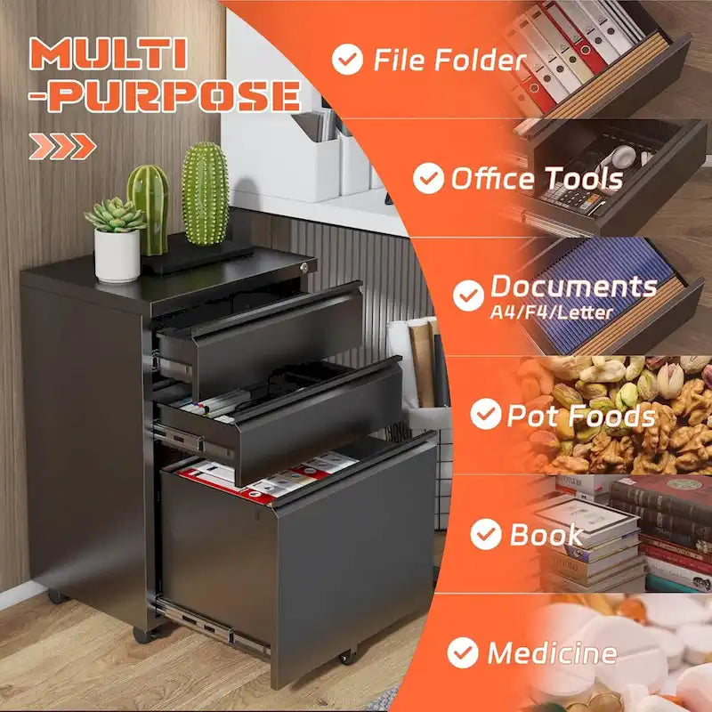 3 Drawer Mobile File Cabinet Lockable Storage Cabinet