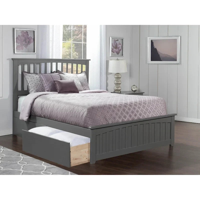 Mission Queen Platform Bed with Matching Foot Board with 2 Urban Bed Drawers in Grey