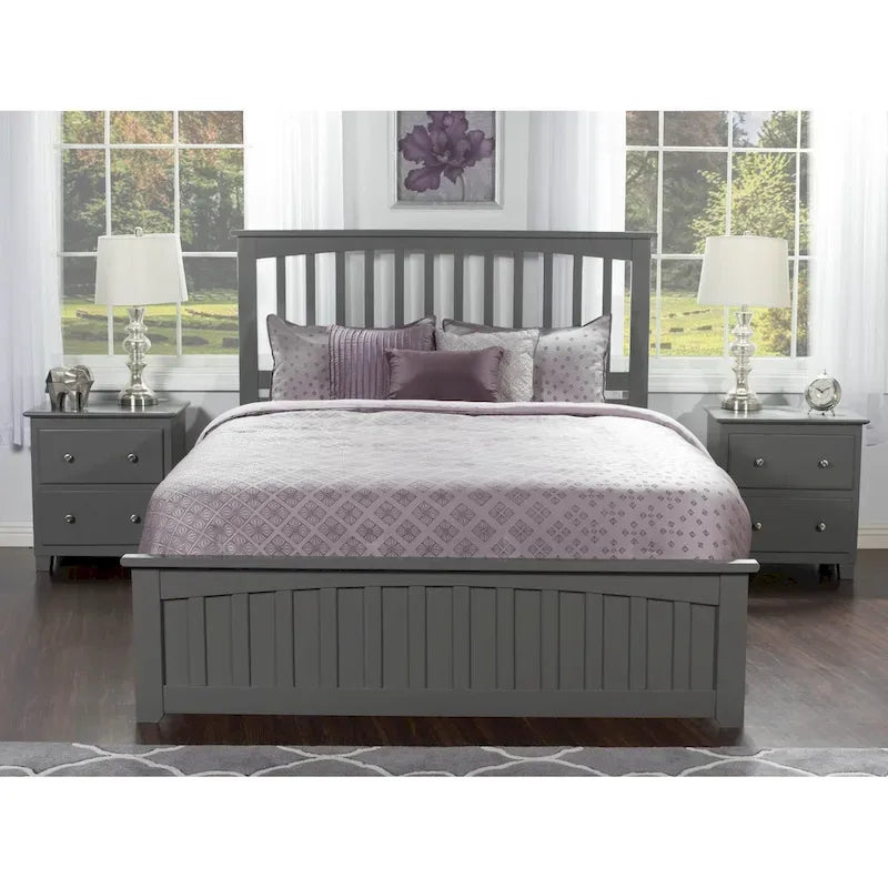 Mission Queen Platform Bed with Matching Foot Board with 2 Urban Bed Drawers in Grey