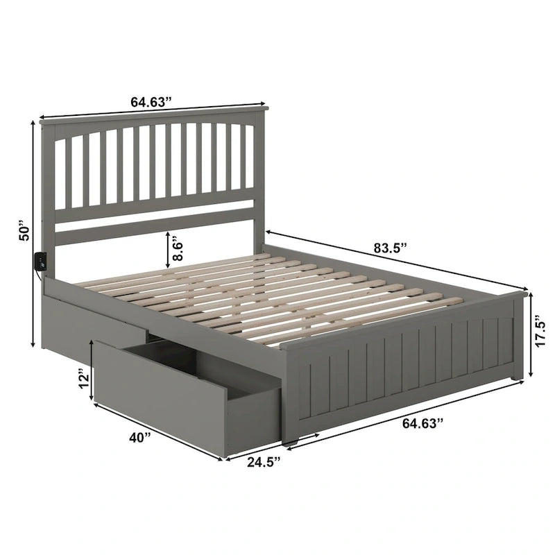 Mission Queen Platform Bed with Matching Foot Board with 2 Urban Bed Drawers in Grey