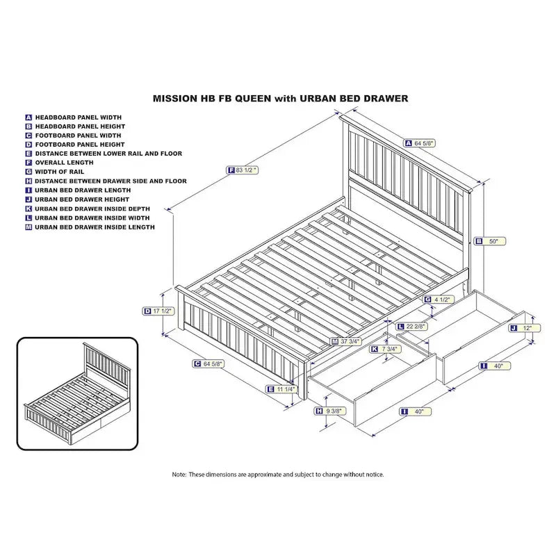 Mission Queen Platform Bed with Matching Foot Board with 2 Urban Bed Drawers in Grey