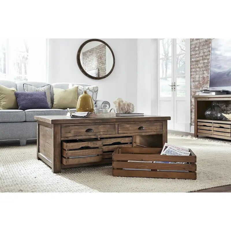 Rustic-Style Warm Nutmeg-Colored Lift-Top Storage Coffee Table with Wheels
