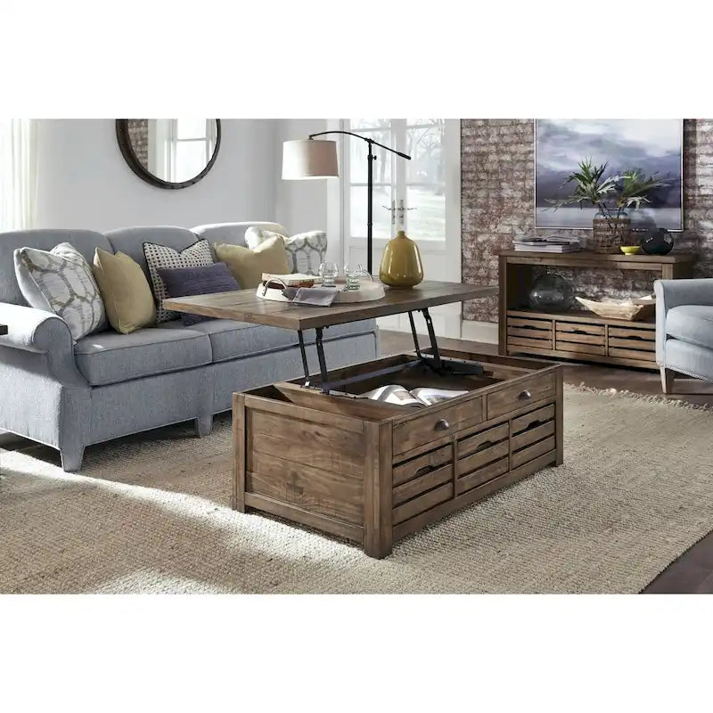 Rustic-Style Warm Nutmeg-Colored Lift-Top Storage Coffee Table with Wheels