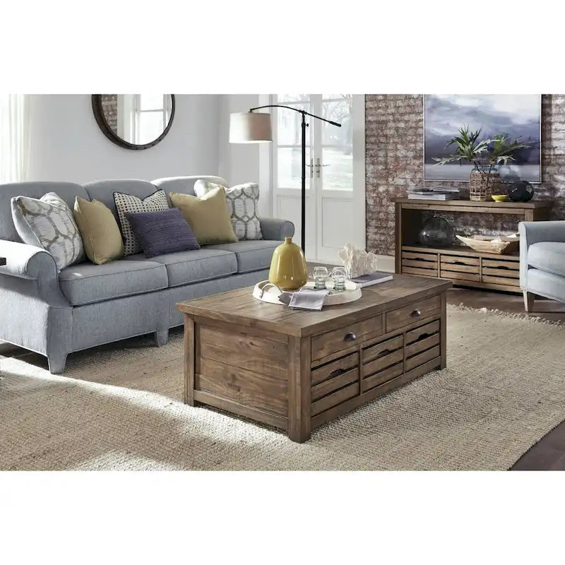 Rustic-Style Warm Nutmeg-Colored Lift-Top Storage Coffee Table with Wheels