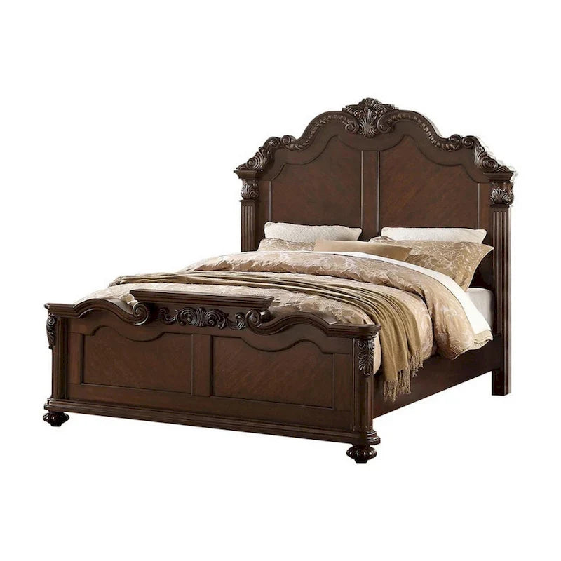 Splendidly Carved Queen Wooden Bed, Dark Walnut And Veneer Finish