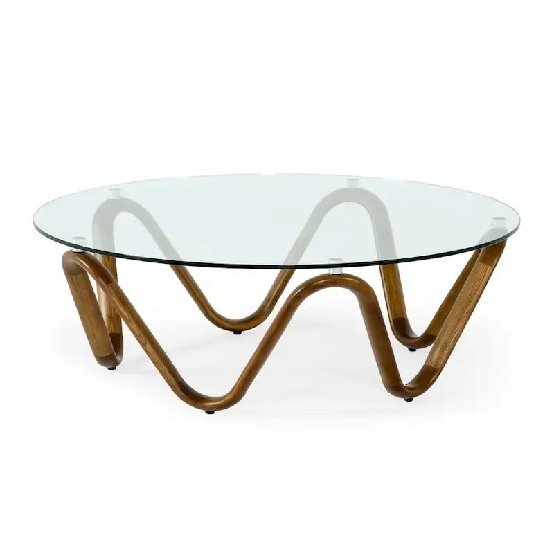 HomeRoots 45 Walnut And Clear Glass Abstract Wood Round Coffee Table - 45 x 45 x 15