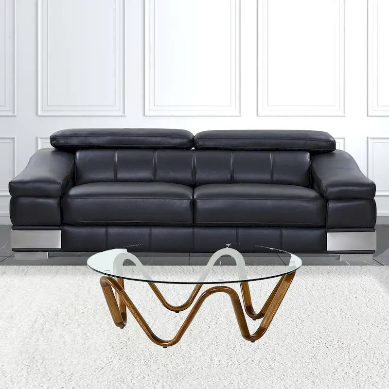 45-Inch Walnut and Clear Glass Abstract Round Wooden Coffee Table — 45 x 45 x 15