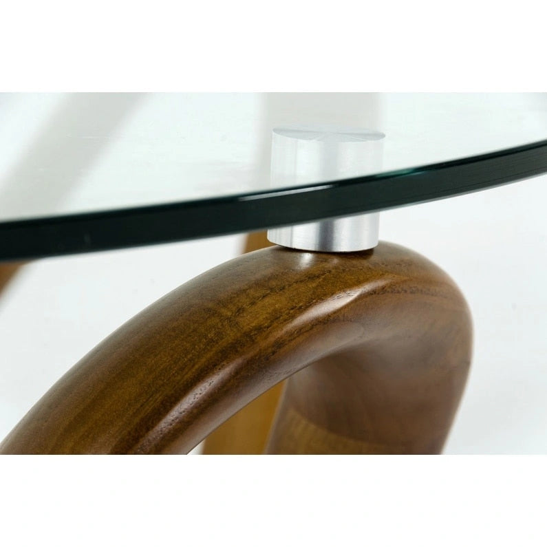 45-Inch Walnut and Clear Glass Abstract Round Wooden Coffee Table — 45 x 45 x 15
