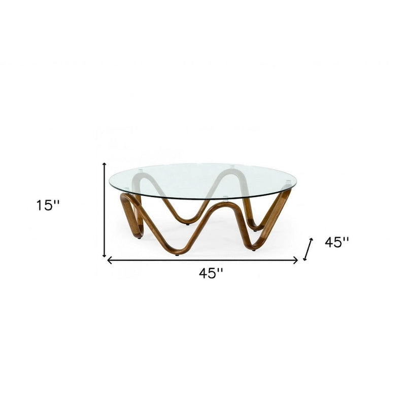 45-Inch Walnut and Clear Glass Abstract Round Wooden Coffee Table — 45 x 45 x 15